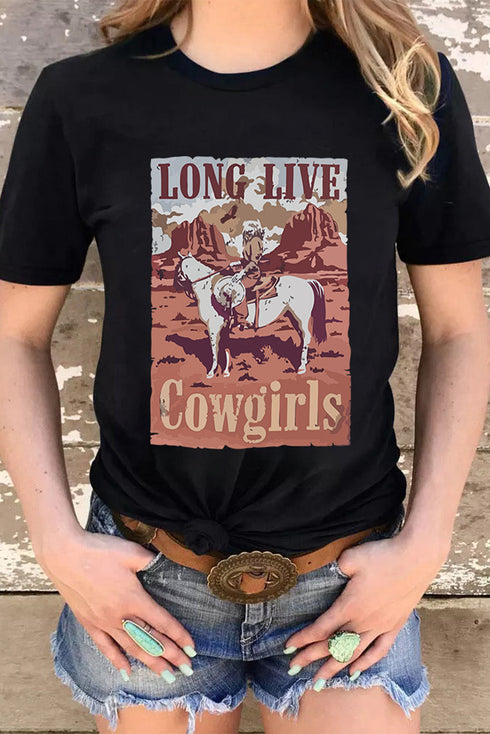 Black Long Live Cowgirls Graphic Print Short Sleeve T Shirt